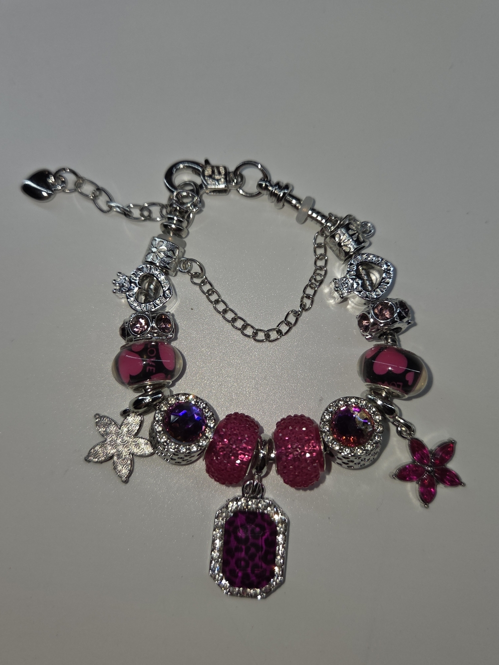 Silver Tone Pink Charm Bracelet with Purple Accents With Ext. Pandora Style